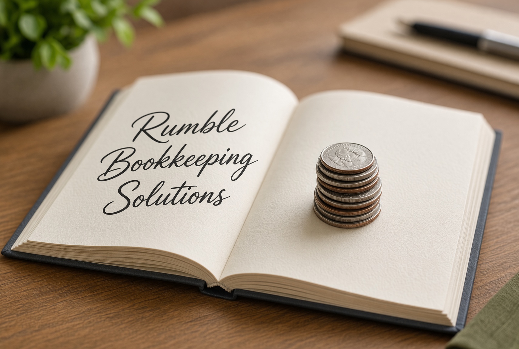 Open ledger book with stacked coins and Rumble Bookkeeping Solutions written on the pages